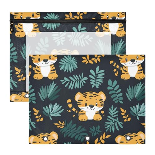 Federmäppchen, tragbar, 3 Löcher, für A4-Papier, Briefe, 2 Stück, für Lehrer, Zuhause, Dschungel, niedliche Tier-Tiger von KLL