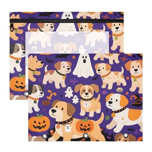 Federmäppchen, transparent, 3 Locher für 3 Ringe, Ordner, Lehrer, Schulanfang, Halloween, gelber Kürbis, Hund, 2 Stück von KLL