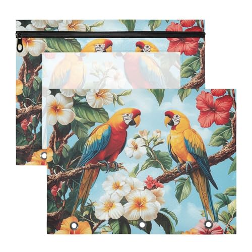Federmäppchen, transparent, 3 Löcher, für A4-Papier, Briefe, 2 Stück, Lehrer, Büro, tropische Pflanzen, Papageien, Tiere Federmäppchen, transparent, 3 Löcher, für A4-Papier, Briefe, 2 Stück, Lehrer, Büro, tropische Pflanzen, Papageien, Tiere von KLL