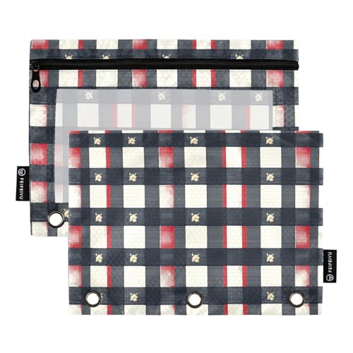 Federmäppchen aus Stoff mit 3 Ringen, mit 3 Löchern, für Untersuchungen, Schreibwaren, Organizer, Büffelkaro, Marineblau / Rot Federmäppchen aus Stoff mit 3 Ringen, mit 3 Löchern, für Untersuchungen, Schreibwaren, Organizer, Büffelkaro, Marineblau / Rot von KLL