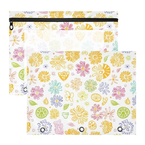 Federmäppchen mit 3 Löchern, 3 Löchern, für A4-Papier, Briefe, 2 Stück, Studenten, Zuhause, frisch, Frühling, einfache bunte Blumen von KLL