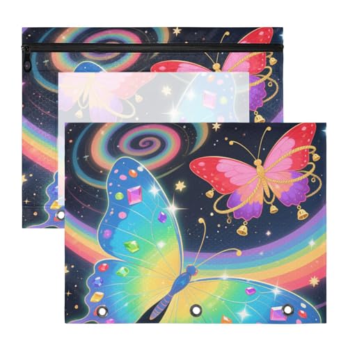 Federmäppchen mit 3 Löchern, Kunststoff, Ordner für A4-Papier, Briefe, 2 Stück, Studenten, Zuhause, Regenbogenfarben, Schmetterling von KLL