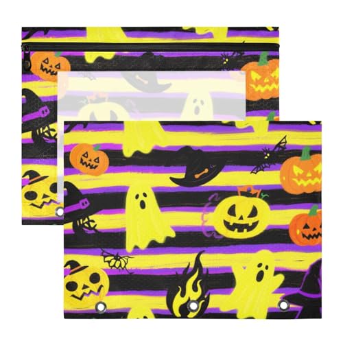 Federmäppchen mit 3 Löchern für 3 Ringe, 2 Stück, Lehrer, Schulbedarf, Halloween, gelber Kürbis von KLL