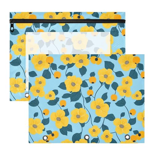 Federmäppchen mit 3 Löchern für 3 Ringe, 2 Stück, Lehrerklasse, gelbe Blumen, Hellblau von KLL