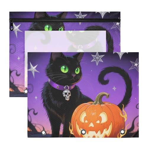 Federmäppchen mit 3 Löchern für A4-Papier, Briefe, 2 Stück, Studenten, Büro, Halloween, schwarze Katzen und Kürbisse Federmäppchen mit 3 Löchern für A4-Papier, Briefe, 2 Stück, Studenten, Büro, Halloween, schwarze Katzen und Kürbisse von KLL