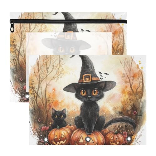 Federmäppchen mit 3 verstärkten Ösen, 3-Loch-Tasche für A4-Papier, Briefe, 2 Stück, Lehrer, Klassenzimmer, Zubehör, Horror, Halloween, schwarze Katze von KLL