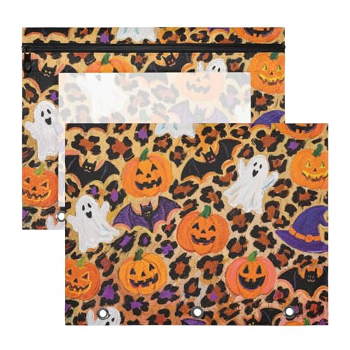 Federmäppchen mit 3 verstärkten Ösen, 3-Loch-Tasche für A4-Papier, Briefe, 2 Stück, Lehrerklasse, Halloween, Orange, Leopard, Kürbis von KLL