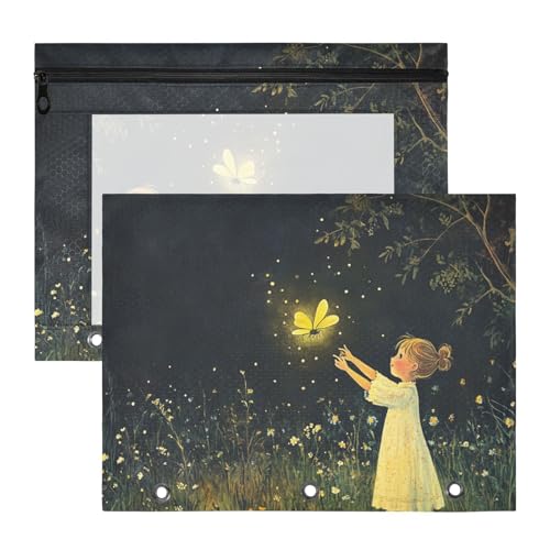 Federmäppchen mit 3 verstärkten Ösen, 3-Loch-Tasche für A4-Papier, Briefe, 2 Stück, Studenten, Klassenzimmer, Zubehör, Firefly Girl, Schwarz von KLL