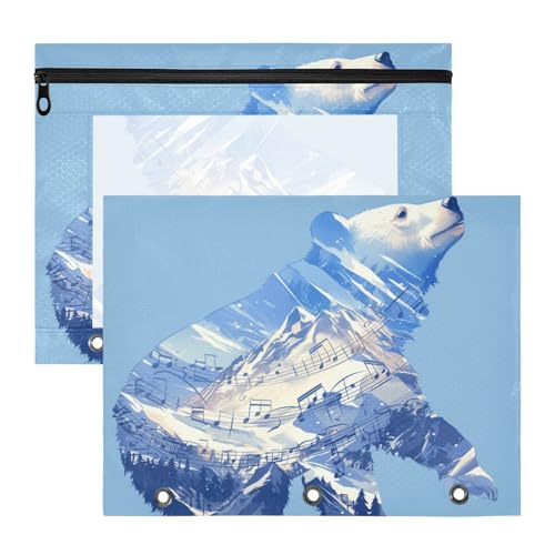 Federmäppchen mit 3 verstärkten Ösen, Kunststoff-Aktenordner für 3 Ringe, 2 Stück, Studenten, Klasse, Eisbär mit verschneiten Bergen, Wäldern, Musiksymbolen, surrealistischer Stil, Blau Federmäppchen mit 3 verstärkten Ösen, Kunststoff-Aktenordner für 3 Ringe, 2 Stück, Studenten, Klasse, Eisbär mit verschneiten Bergen, Wäldern, Musiksymbolen, surrealistischer Stil, Blau von KLL