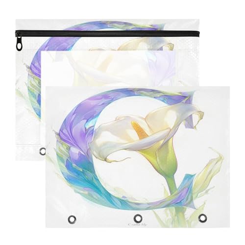 Federmäppchen mit Reißverschluss, 3-Loch-Tasche für 3 Ringe, 2 Stück, Lehrer, Klassenzimmer, Floralmorpher Buchstabe C, Calla-Lilie, Bleistift-Stil von KLL