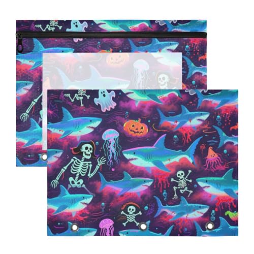 Federmäppchen mit Reißverschluss, 3-Loch-Tasche für A4-Papier, Briefe, 2 Stück, Lehrer, College, Zubehör, Happy Halloween, blauer Hai, Totenkopf von KLL