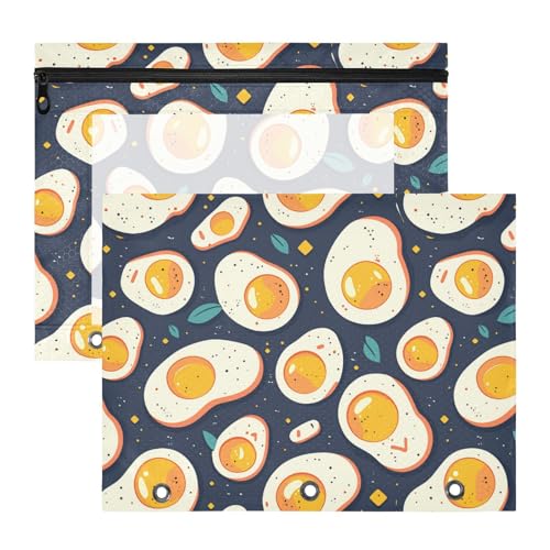 Federmäppchen mit Reißverschluss, 3-Loch-Tasche für A4-Papier, Briefe, 2 Stück, Lehrer, Kunstbedarf, Aufbewahrung, Cartoon, niedliche Spiegeleier, kindlicher marineblauer Hintergrund von KLL
