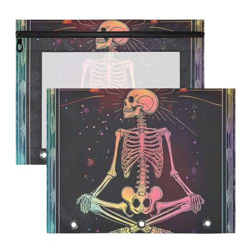 Federmäppchen mit Reißverschluss, 3 Locher für 3 Ringe, 2 Stück, Studenten, Zuhause, verträumte Farben, Tarot-Design, mexikanisches Skelett von KLL