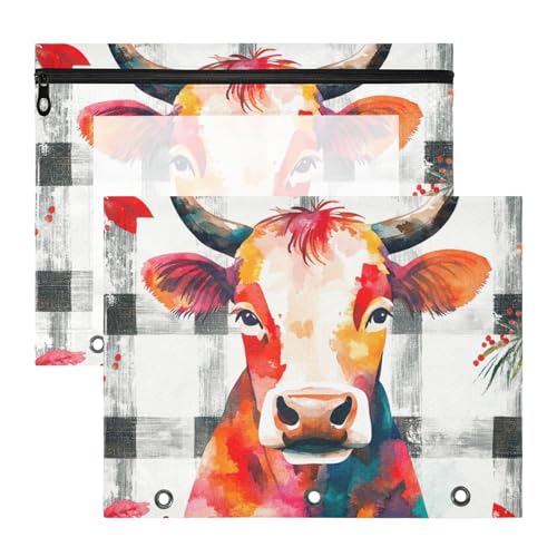 Federmäppchen mit glatten Reißverschlüssen, 3-Loch-Tasche für A4-Papier, Briefe, 2 Stück, Studenten, Zuhause, Weihnachten, bunt, Kuh, Büffel, Karo, Schneeflocken, Weihnachten von KLL