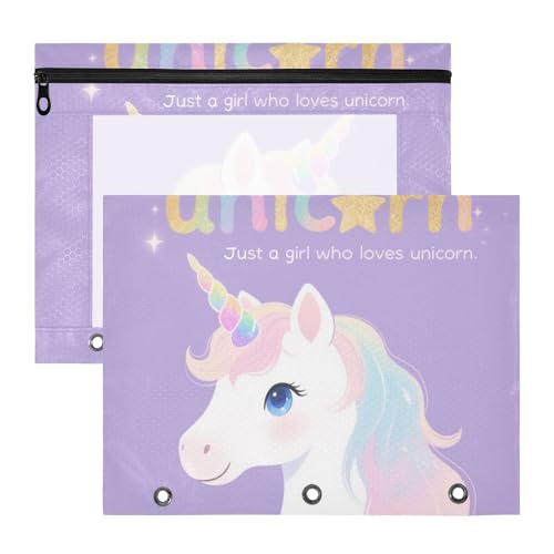 Federmäppchen mit glatten Reißverschlüssen, 3-Loch-Tasche für A4-Papierbriefe, 2 Stück, Lehrerklasse, Just A Girl Who Loves Unicorns von KLL