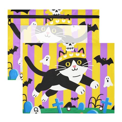 Federmäppchen mit glatten Reißverschlüssen, 3 Löcher, für A4-Papier, Briefe, 2 Stück, Studenten, Zuhause, Halloween, schwarze Katze, Streifen von KLL