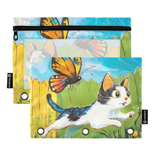 Federmäppchen mit niedlicher Katze, Schmetterling, Hof, 3 Löcher, Ordner für Ringe, Ordner, Ordner mit Binderlöchern für Schule, Schreibwaren von KLL