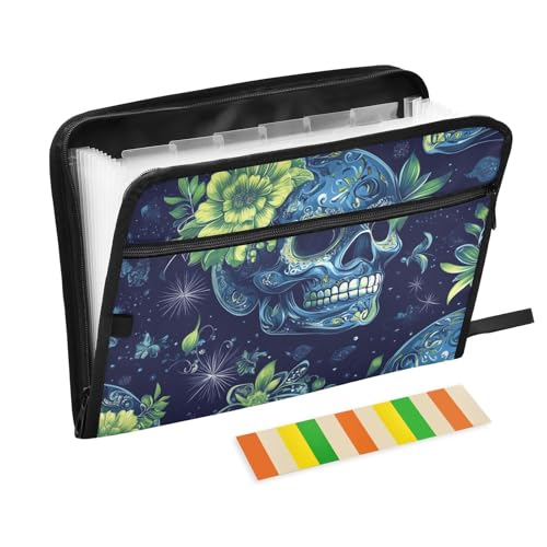 Green Skulls Boho Glänzende Mappe für die Schule, 13 Taschen, A4, Briefgröße mit Reißverschluss, für Zuhause, Büro, Reisen, Aktenmappe Carpeta de von KLL