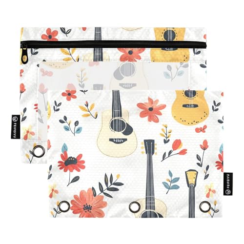 Guitars Flowers White Binder Pouches Storage Bag for Three Rings Binder Pockets with Zipper for Student Storage Container von KLL