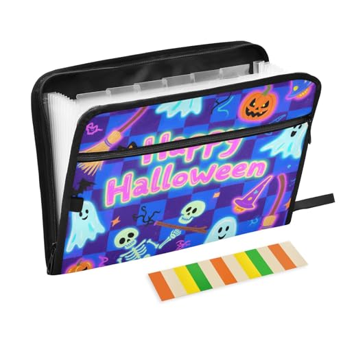 Halloween Hängeregistraturmappe mit 13 Fächern, A4, Briefform, mit Reißverschluss, für Bürobedarf, erweiterbare Mappe, Blau und Schwarz von KLL