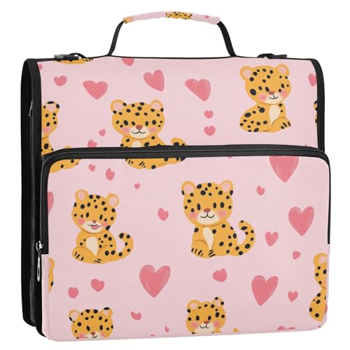 Happy Valentine Cartoon Leopard Pink 3 Ringe Stabiler Reißverschluss Ordner mit Schultergurt Laege Kapazität Dokumente Akten Aufbewahrungstasche für Mittelschüler von KLL
