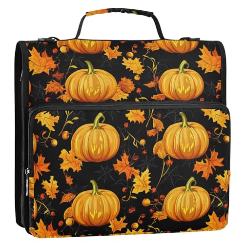 Herbst-Kürbis-Ahornblatt-Ordner mit 3 Ringen, 3 Ringe, mit Reißverschluss, mit Riemen, mehrere Taschen, Dokumenten-Organizer für Schule/Büro, Carpeta de Cremallera von KLL