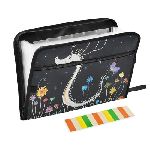 KLL Akkordeon-Aktenordner, Aktenordner, Papier-Organizer, Aufbewahrung, tragbarer Akten-Organizer mit Taschen für Speisekarten für Restaurants, niedlicher Drache von KLL