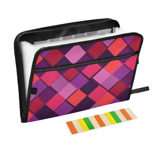 KLL Akkordeon-Aktenordner, Fächermappe, Organizer, Kunststoff, Dokumentenmappe mit Reißverschluss für Büro-Klemmbrett, Retro-Raute, Violett-Rot von KLL
