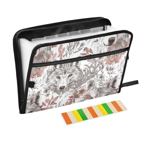 KLL Akkordeon-Aktenordner, Fächermappe, Poly-Aktenordner, Dokumentenmappe mit Taschen für Meetings, ästhetischer Wolf, weißes Blatt von KLL