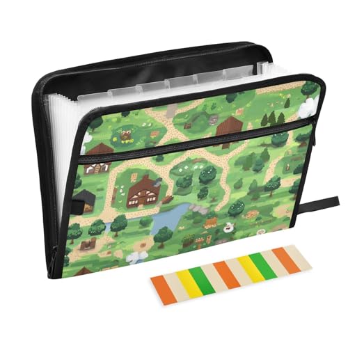 KLL Akkordeon-Aktenordner, Taschen, Kunststoff, kleiner Aktenordner mit Reißverschluss für Klassenzimmer, Cartoon-Stil, ländliche Dorfkarte von KLL