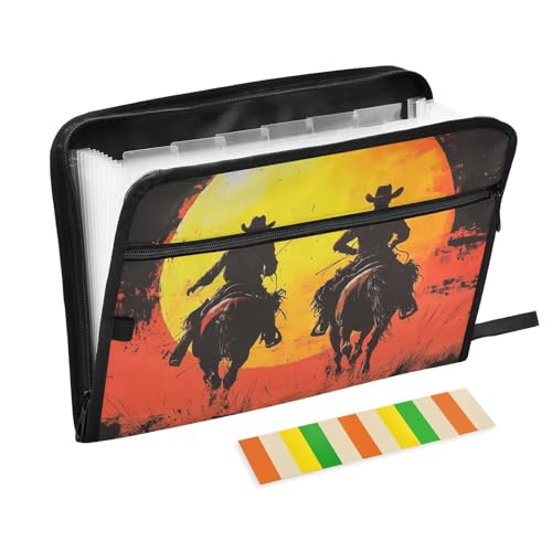 KLL Akkordeon-Aktenordner, erweiterbare Hängemappe, Fächermappe, Poly-Hängemappe mit Taschen für Büro, Cowboy, Sonnenuntergang, Rot von KLL