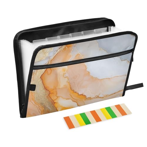 KLL Akkordeon-Aktenordner mit Taschen, Poly-Aktenordner, kleiner Aktenordner mit Reißverschluss für Auto, Marmor, Weiß, Pfirsich von KLL
