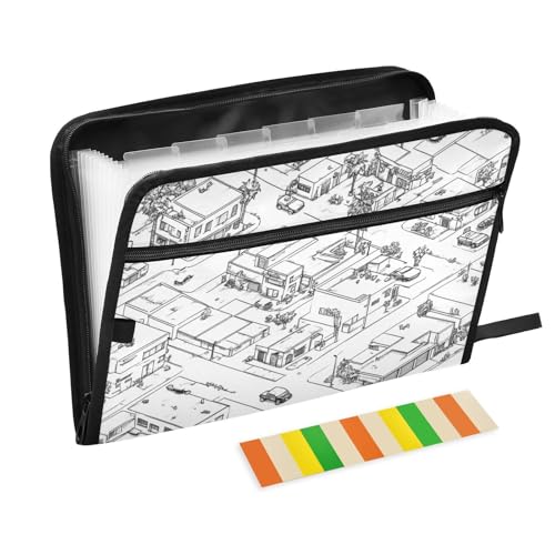 KLL Aktenordner, Organizer, Papier-Organizer, Ordner, Fächermappe, kleiner Aktenordner mit Taschen für Büro, Klemmbrett, schwarz-weiß, Stadtskizzenkarte von KLL