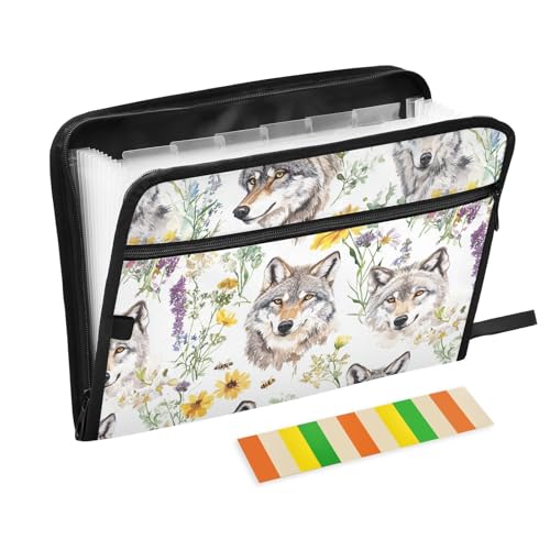 KLL Aktenordner, Organizer, erweiterbar, Hängeregistratur, Fächermappe, kleiner Aktenordner mit Taschen für Büro-Klemmbrett, ästhetischer Wolf, Weiß von KLL
