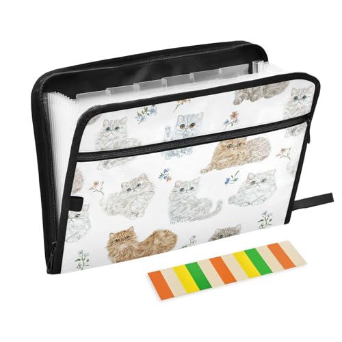 KLL Dateiordner Organizer Tasche erweiterbar Datei Ordner Kunststoff Tragbare Datei Ordner mit Reißverschluss für Speisekarten für Restaurants, Cartoon Selkirk Rex Cats Weiß von KLL