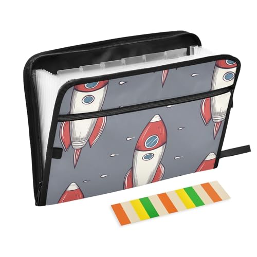 KLL Erweiterbare Dokumentenmappen, Papierordner, Fächermappen, Akkordeon mit Taschen für Auto, Cartoon-Weltraumraketen, Grau von KLL