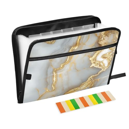 KLL Fächermappe, Akkordeon-Ordner, Fächermappe, Büro-Papier-Organizer mit Reißverschluss für taktische Zwecke, Marmor, Weiß-Gold von KLL