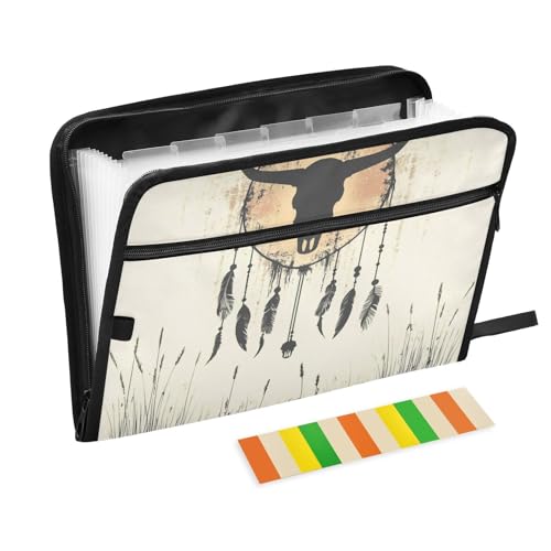 KLL Fächermappe, Organizer, Fächermappe, Ordner, legale Größe mit Taschen für Büro, Traumfänger, Hirschschädel von KLL