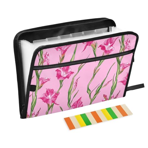 KLL Fächermappe mit Trennwänden, Hängeregistraturtaschen, Akkordeon-Datei mit Taschen für Militär, Naturgladiolen, Hot Pink von KLL