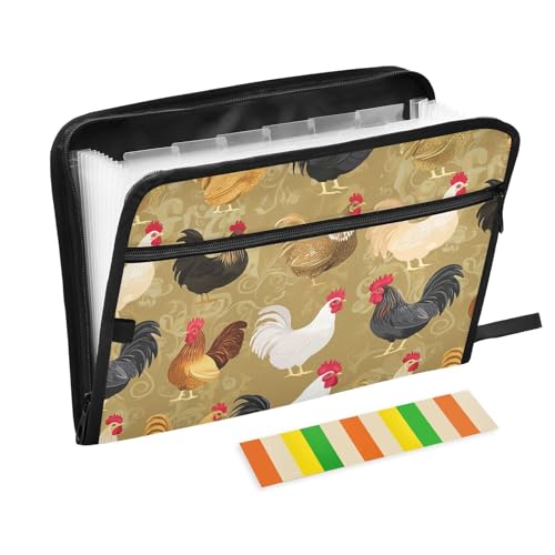 KLL Fächermappen, Aktenordner, Taschen, Kunststoff, Dokumentenmappe mit Taschen für Klassenzimmer, Kunst, Haustier, Huhn, Gold von KLL