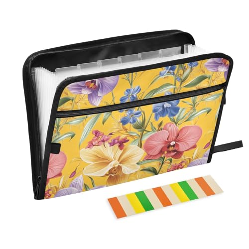 KLL Fächermappen, Fächermappe, Poly-Aktenordner, Aktentasche mit Reißverschluss, für Büro-Klemmbrett, Blumen, Orchidee, Stiefmütterchen, Oberonia, Gelb von KLL