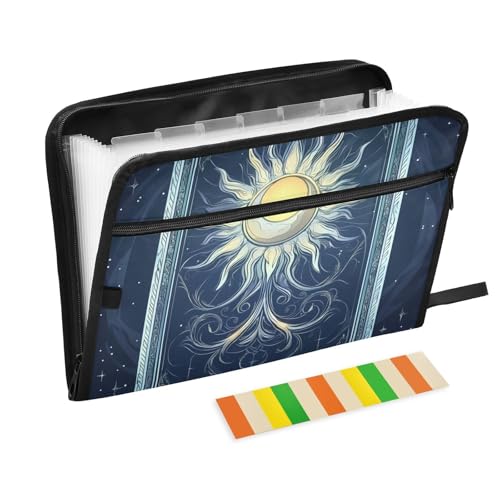KLL Fächermappen, legale Größe, Büro, Aktenordner, Dokumentenmappe mit Reißverschluss für Baustelle, Sonne, Mond, Tarotmuster von KLL