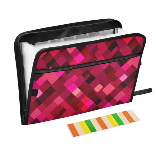 KLL Hängemappe, Fächermappe, Organizer, Fächermappe für Büro, Aktenordner mit Reißverschluss für Büro-Klemmbrett, geometrisches Rautenmuster, Hot Pink / Rot von KLL