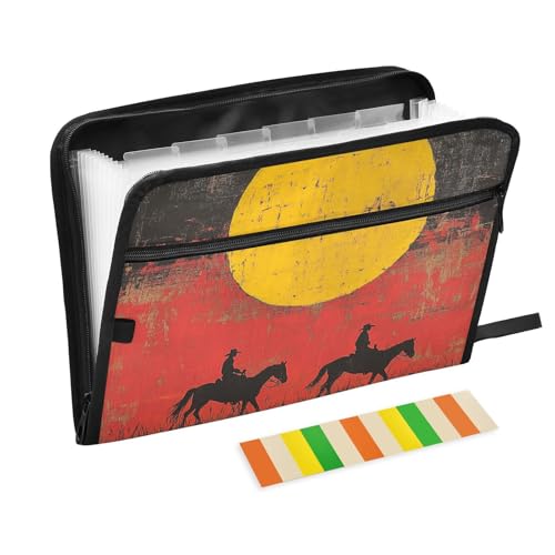 KLL Hängeregistraturmappe, Fächermappe, Taschenmappe, Brief, Büro, Papier-Organizer mit Reißverschluss, für Büro, Western-Cowboy, Sonnenuntergang von KLL