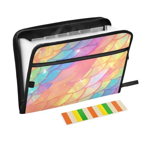 KLL Hängeregistraturmappen, Fächermappe, Poly-Aktenordner, Akte, Tasche, Brief mit Reißverschluss, für Schule, Regenbogen-Drachen-Schuppen, glitzernd von KLL