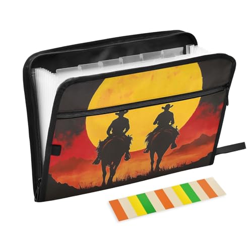 KLL Hängeregistraturordner für Dokumente, Papier-Organizer, Aufbewahrung, erweiterbare Mappe mit Reißverschluss für Baustelle, Western-Cowboy, Sonnenuntergang, Rot von KLL