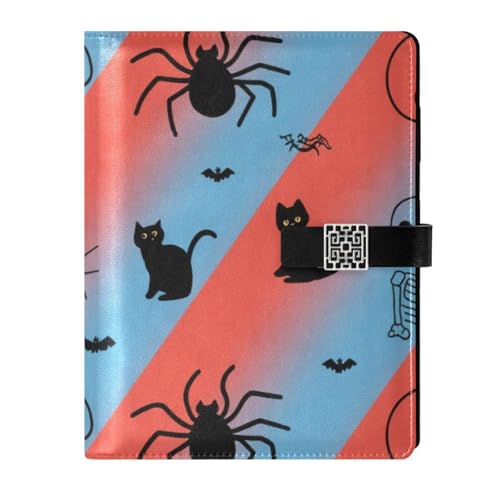 KLL Notizbuch mit Lederfutter, Leder-Notizbuch für Arbeit, tragbar, Halloween, schwarze Katze, Spinne, Totenkopf, 16,7 x 24,6 cm von KLL