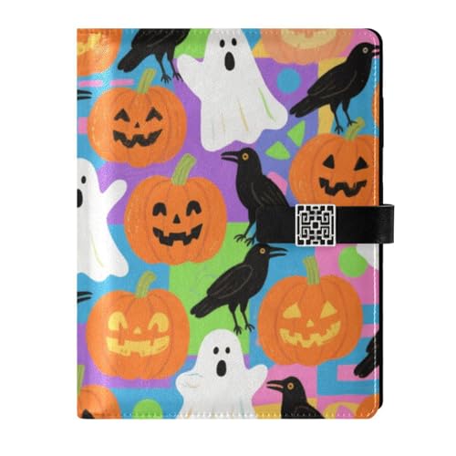 KLL Notizbuch mit Lederfutter, Spiralbindung, College, liniert, für Reisen, tragbar, Halloween, Cartoon, Krähen und Kürbis, buntes Karomuster, 17 x 24 cm von KLL