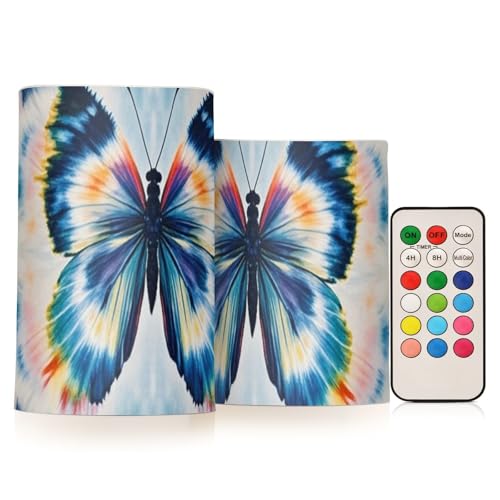 KLL Schöne blaue batikfarbene Schmetterlinge, dekorativ, flackernde, flammenlose LED-Kerzen, elektronische Lichter, elektrisch mit LED, für Halloween-Nacht, batteriebetriebene Stumpenkerzen von KLL