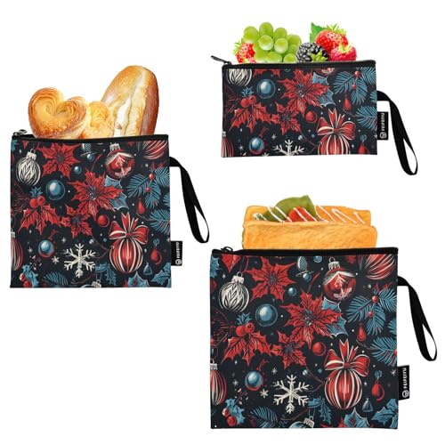KLL Snack-Tasche mit Vintage-Weihnachtsmuster mit roter und blauer Farbpalette, wiederverwendbar, mit Reißverschluss, wasserdicht, lebensmittelecht, für Reiseartikel, Organisation zu Hause, 3 Stück KLL Snack-Tasche mit Vintage-Weihnachtsmuster mit roter und blauer Farbpalette, wiederverwendbar, mit Reißverschluss, wasserdicht, lebensmittelecht, für Reiseartikel, Organisation zu Hause, 3 Stück von KLL